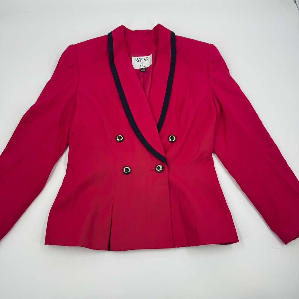 Kasper for ASL Womens Fuchsia Pink Navy Trim Double Breasted Blazer‎ Jacket Sz 4